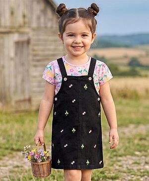 Babyhug 100% Cotton Woven Half Sleeves Floral Printed & Embroidered Frock With Inner Tee - Black