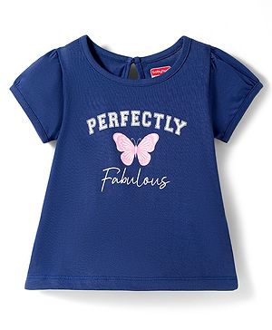 Babyhug Cotton Knit Half Sleeves T-Shirt with Butterfly Print - Navy Blue
