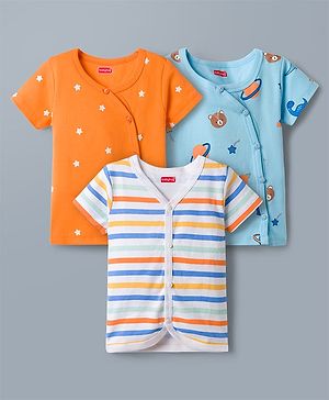 Babyhug 100% Cotton Interlock Knit Half Sleeves Stripes Jhablas with Star & Bear Print Pack of 3- Orange & Sky