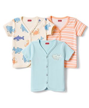 Babyhug 100% Cotton Knit Half Sleeves Stripes & Sea Life Printed Jhablas Pack of 3 - Multicolor