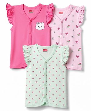 Babyhug 100% Cotton Knit Half Sleeves Kitty & Floral Printed Jhablas Pack Of 3 - Multicolor