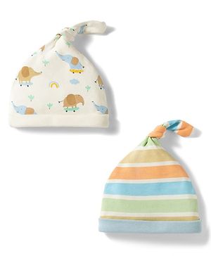 Babyhug 100% Cotton Knit Striped & Animal Printed Caps Pack of 2 Multicolor - Diameter 17 cm