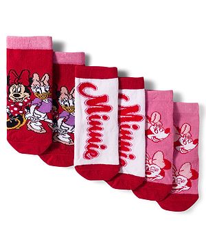 Cute Walk by Babyhug Disney Non Terry Knit Anti-Bacterial Ankle Length Socks with Minnie Mouse Graphic Pack of 3 - Pink White & Red