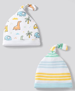 Babyhug 100% Cotton Knit Striped & Dino Printed Caps Pack of 2 Multicolor - Diameter 17 cm