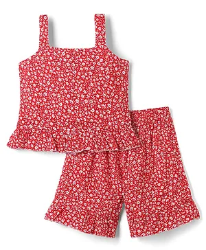 Dew Drops Cotton Woven Sleeveless
                              Floral Printed Co-Ords Top & Shorts
                              Set - Red
