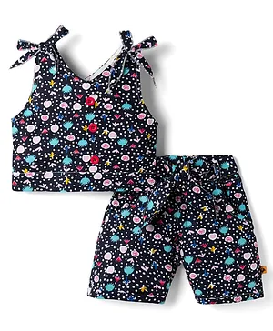 Dew Drops Cotton Woven Sleeveless
                              Printed Top & Shorts Co-ord Set - Navy
                              Blue