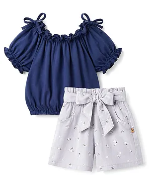 Dew Drops Cotton Woven Half Sleeves
                              Floral Printed Top & Shorts Set -
                              Grey