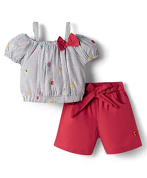 Dew Drops Cotton Woven Half Sleeves Top &
                      Shorts Set with Fruit Print - Black & Red