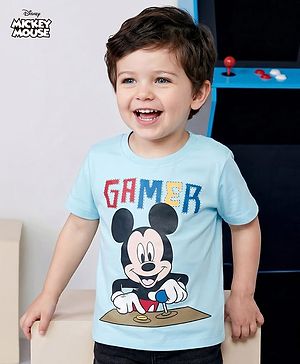 Babyhug Disney Single Jersey Knit Half Sleeves T-Shirt with Mickey Mouse Graphic - Light Blue