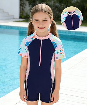 Pine Active Raglan Half Sleeves Floral Printed Legged Swimsuit - Navy Blue