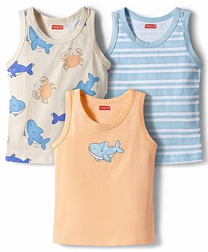 Babyhug 100% Cotton Knit Sleeveless Striped & Sea Life Printed Sando Vests Pack Of 3 - Multicolor