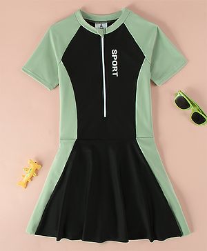 Pine Kids Raglan Half Sleeves Text Printed Frock Swimsuit - Black