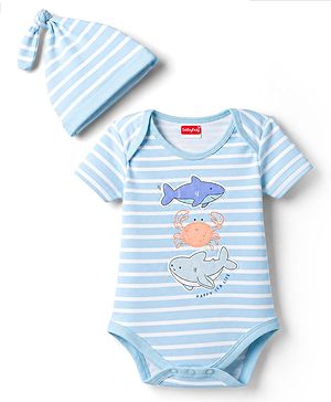 Babyhug 100% Cotton Interlock Knit Half Sleeves Striped Onesies & Cap With Sea Life Theme - Light Blue