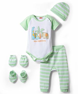Babyhug 100% Cotton Interlock Knit Half Sleeves Onesie & Striped Diaper Leggings With Cap Mittens Booties & Animal Print - Multicolor