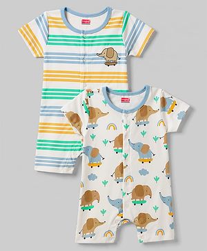 Babyhug 100% Cotton Interlock Knit Half Sleeves Romper With Animal Print Pack of 2 - Multicolor