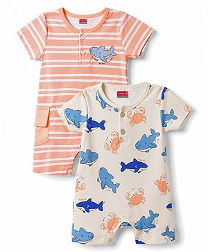 Babyhug 100% Cotton Interlock Knit Half Sleeves Romper With Sea Life Print Pack of 2 - Multicolor