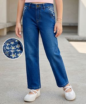 Pine Kids Denim Woven Full Length Jeans with Floral Embroidery - Blue