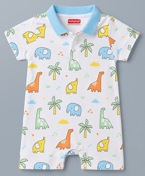 Babyhug 100% Cotton Knit Half Sleeves Romper with Dino Print - Multicolor