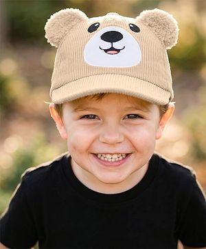 Babyhug Corduroy Woven Baseball Cap With Face Embroidery & Ear Applique Beige - Diameter 15 cm