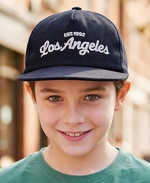 Babyhug Woven Baseball Cap With Los Angeles Text Embroidery Navy Blue - Diameter 17 cm
