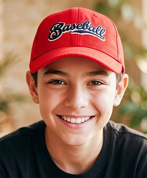 Babyhug Woven Baseball Cap With Text Embroidery Red - Diameter 17 cm