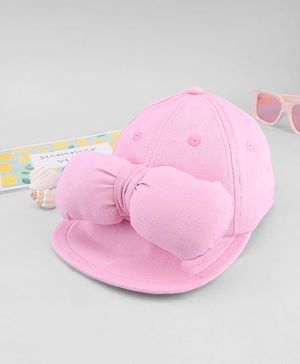 Babyhug Cotton Woven Baseball Cap with Bow Applique Pink- Diameter 19 cm