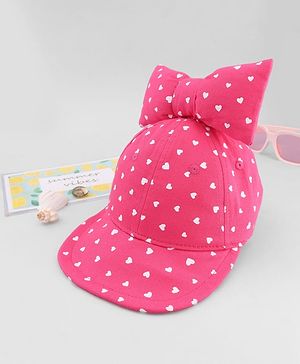 Babyhug Cotton Woven Baseball Cap with Heart Print & Bow Applique Pink- Diameter 18 cm