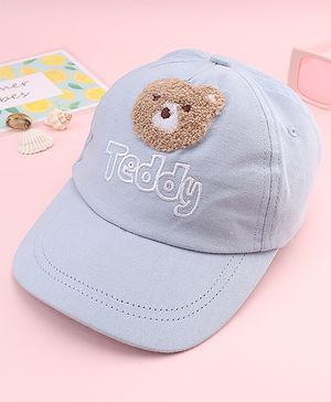 Babyhug Cotton Woven Baseball Cap With Teddy Embroidery Blue - Diameter 20.5 cm