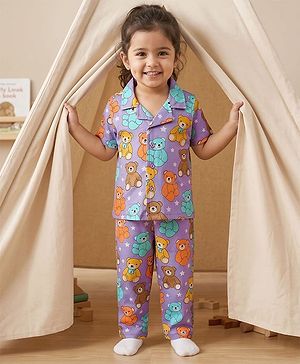 Babyhug Cotton Knit Half Sleeves Shirt & Pyjama Co-ord Night Suit With Teddy Bear Print - Lavender