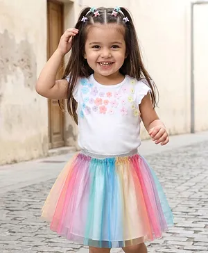 Babyhug Single Jersey Knit Half
                              Sleeves Top & Skirt Set With Floral
                              Applique - White