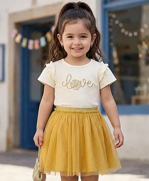 Babyhug Single Jersey Knit Half
                              Sleeves Top & Skirt Set With Love
                              Embroidery - White