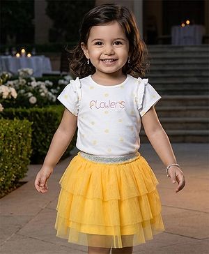Babyhug Single Jersey Knit Half Sleeves Top & Skirts Set with Flora Print & Embroidery - Yellow & White