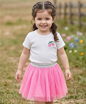 Babyhug Single Jersey Knit Half Sleeves Top & Skirt Set With Cherry Embroidery - White & Pink