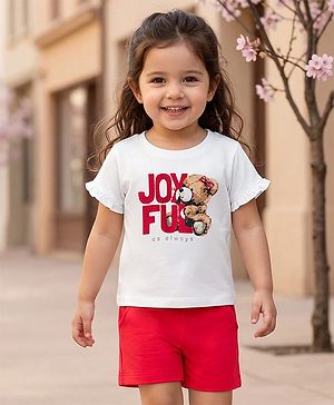 Babyhug Single Jersey Knit Half Sleeves Top & Shorts Set With Teddy Bear Print - White & Red
