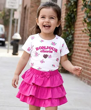 Babyhug Single Jersey Knit Half
                              Sleeves Floral Printed Top & Layered
                              Skirt Set - Pink & White