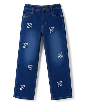 Pine Kids Woven Full Length Washed Bear Embroidered Jeans - Navy Blue