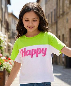 Pine Kids Cotton Knit Drop Shoulder Half Sleeves Cut & Sew T-Shirt with Happy Embroidery - White