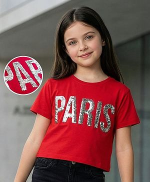 Pine Kids Cotton Knit Half Sleeves T-Shirt with Sequin Detailing - Red