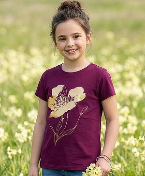 Pine Kids Cotton Knit Half Sleeves T-Shirt with Floral Foil Print - Purple