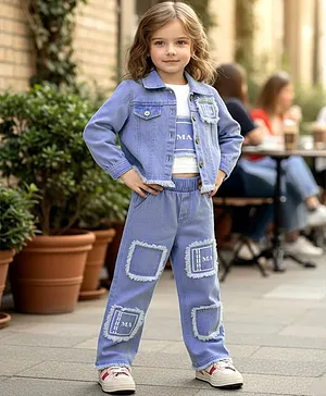 Fashion Dream Denim Knit Full Sleeves
                              Typography Printed Patch Detailed Jacket
                              & Pant Set With Crop Top - Light Blue