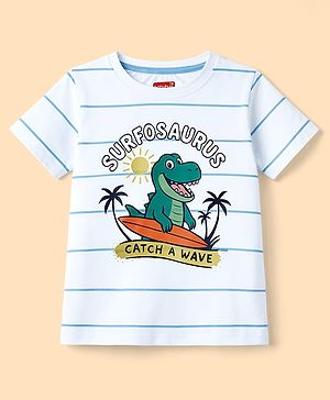Babyhug Cotton Knit Half Sleeves Striped T-Shirt With Dino Print - Multicolor