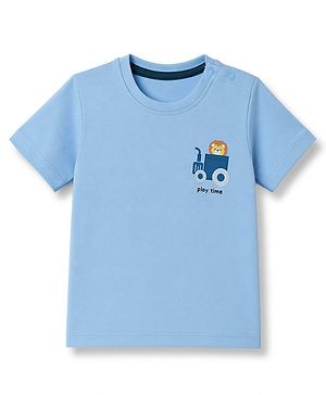 Babyhug Cotton Knit Half Sleeves T-Shirt with Lion & Tractor Print - Sky Blue