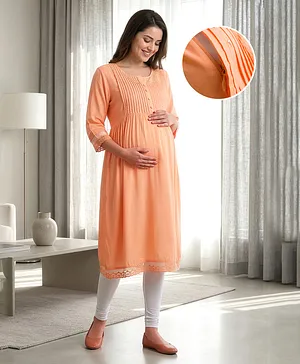 Bella Mama Woven Three Fourth Sleeves
                              Solid Maternity Kurta With Pleated Yoke -
                              Peach