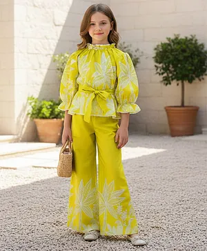 Cutiekins Rayon Woven Three Fourth Sleeves
                      Leaf Printed Top & Palazzo Set - Lemon Yellow
                      & White