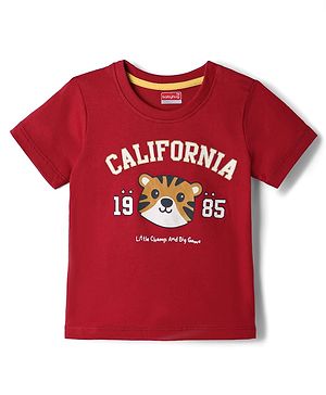Babyhug 100% Cotton Knit Half Sleeves Tiger & Text Printed T-Shirt - Red