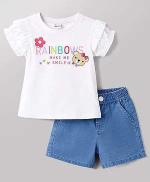 Babyhug Single Jersey Knit Half
                              Sleeves Top & Denim Shorts Set with
                              Text Print - White & Blue
