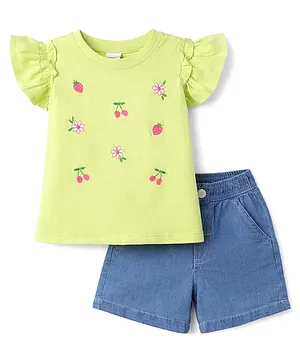 Babyhug Single Jersey Knit Denim Half
                              Sleeves Top & Shorts With Fruit
                              Embroidery - Green & Blue