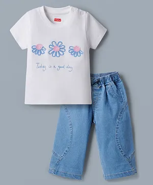 Babyhug Single Jersey Knit Half
                              Sleeves Top & Denim Jeans Set with
                              Floral Embroidery - White & Blue