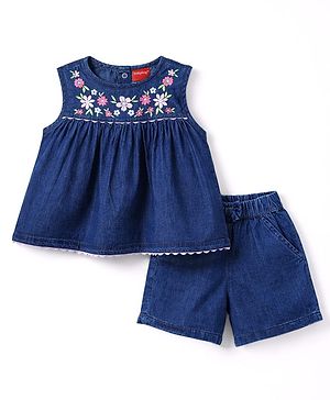 Babyhug Denim Sleeveless Floral Embroidered Top & Shorts Set - Navy Blue