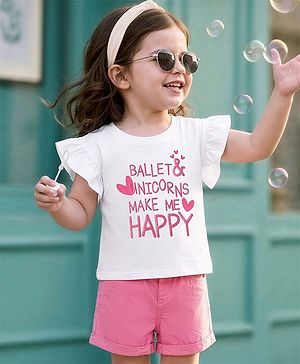 Babyhug Single Jersey Knit Half Sleeves Top & Shorts Set With Text Print - White & Pink